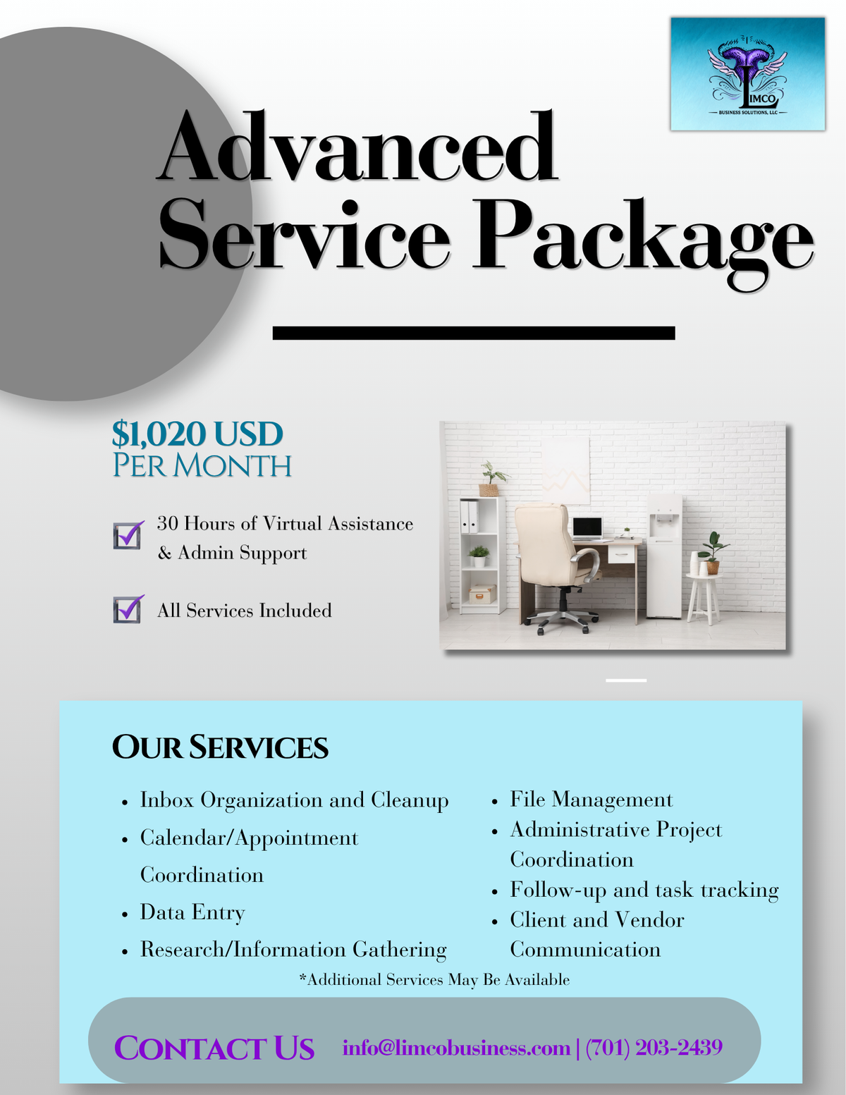 A promotional flyer for an 'Advanced Service Package' costing $1020 USD per month. The flyer features a light blue background with a gray circular graphic at the top left, black text, and a list of services such as inbox organization, calendar coordination, and file management.