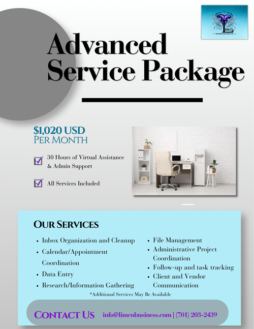 A promotional flyer for an 'Advanced Service Package' costing $1020 USD per month. The flyer features a light blue background with a gray circular graphic at the top left, black text, and a list of services such as inbox organization, calendar coordination, and file management.