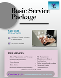 A promotional flyer for a 'Basic Service Package' costing $380 USD per month. The flyer outlines services such as virtual assistance, admin support, calendar coordination, and data entry.