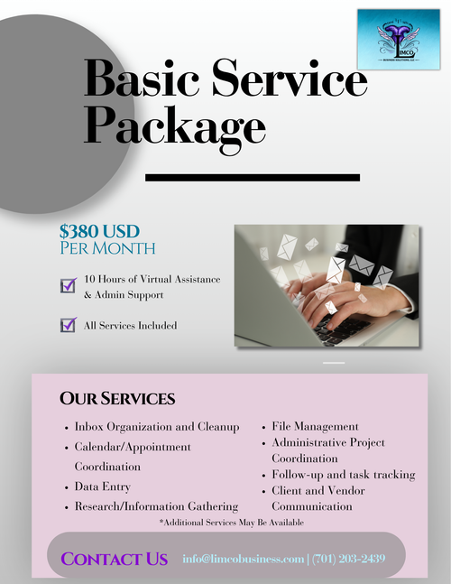 A promotional flyer for a 'Basic Service Package' costing $380 USD per month. The flyer outlines services such as virtual assistance, admin support, calendar coordination, and data entry.