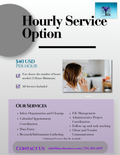 A promotional flyer for an hourly service option, $40.00 per hour,featuring a gray and white layout with text detailing services such as calendar coordination, data entry, and file management. A small photo of a woman working is shown on the right, and contact information is provided at the bottom.