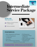 A promotional flyer for an 'Intermediate Service Package' costing $720 USD per month. The flyer features a light gray background with a large gray circle, black and blue text, a list of services such as calendar coordination and data entry, and a small photo of hands typing on a keyboard.