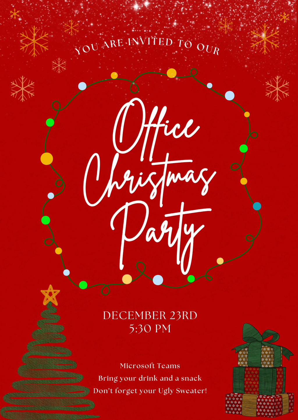 Red Office Christmas Party invitation with string lights, snowflakes, Christmas tree, and gifts, editable in Canva