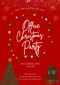 Red Office Christmas Party invitation with string lights, snowflakes, Christmas tree, and gifts, editable in Canva