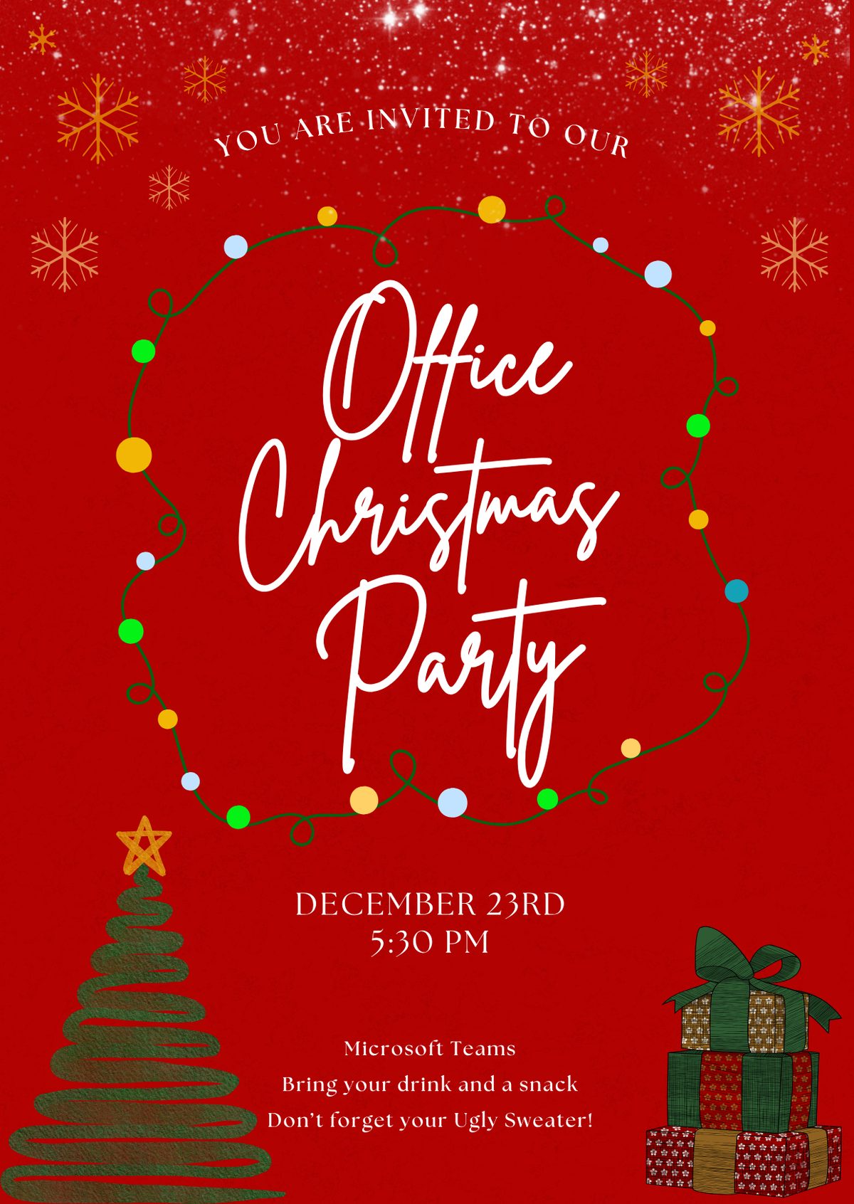 Red Office Christmas Party invitation with string lights, snowflakes, Christmas tree, and gifts, editable in Canva