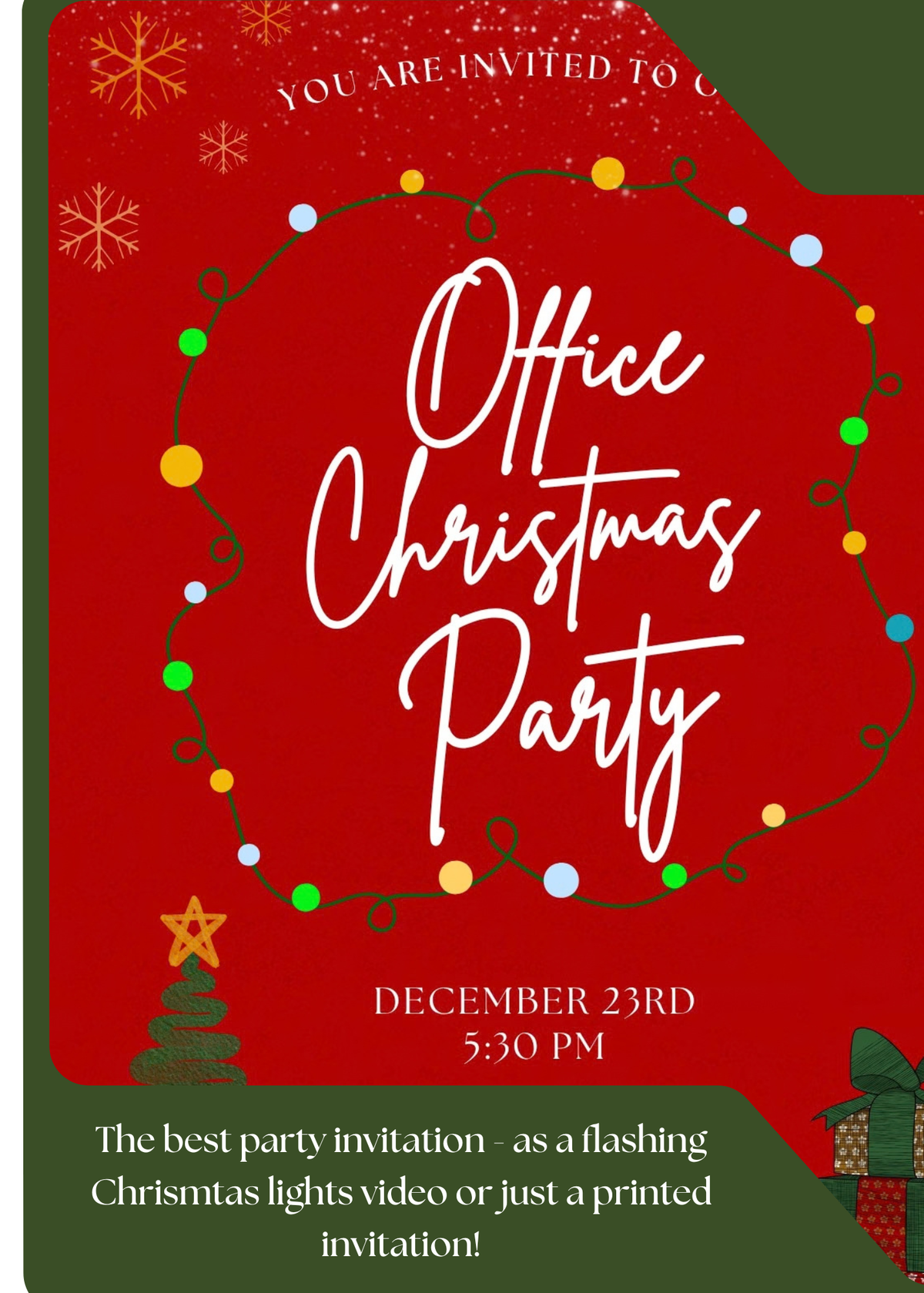 Red Office Christmas Party invitation with string lights, snowflakes, Christmas tree, and gifts, editable in Canva