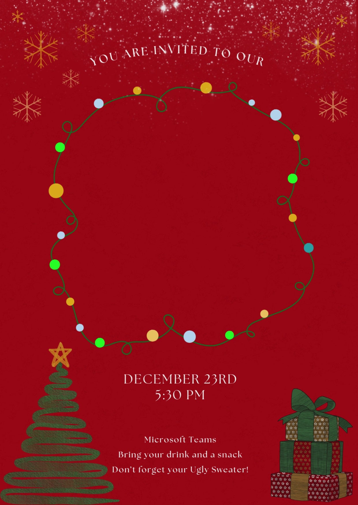 Red Office Christmas Party invitation with string lights, snowflakes, Christmas tree, and gifts, editable in Canva